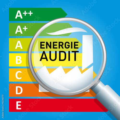 Grafik Energieaudit mit Lupe und Energieeffizienzklassen