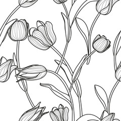 Vector floral seamless pattern. Black and white background with
