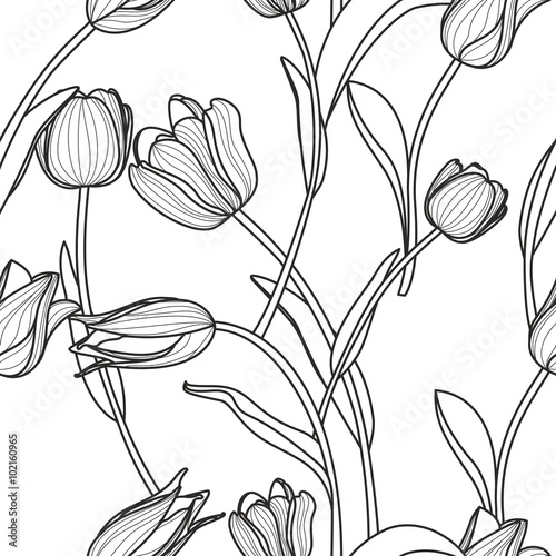 Fototapeta Naklejka Na Ścianę i Meble -  Vector floral seamless pattern. Black and white background with
