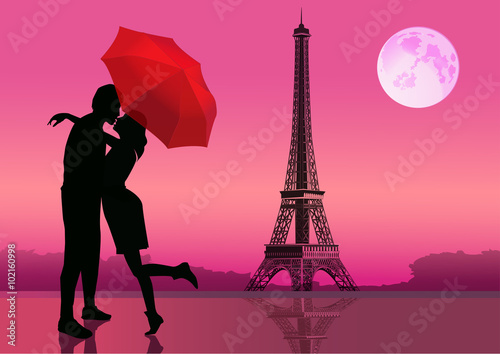 Couple in love under red umbrella. in Paris. With the Eiffel Tower and moon on background. Vector illustration