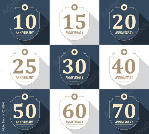 Vector set of anniversary signs, symbols. 10, 15, 20, 25, 30, 40, 50,60, 70 years jubilee design elements collection. 10th, 15th, 20th, 25th, 30th, 40th, 50th,60th, 70th anniversary logo.