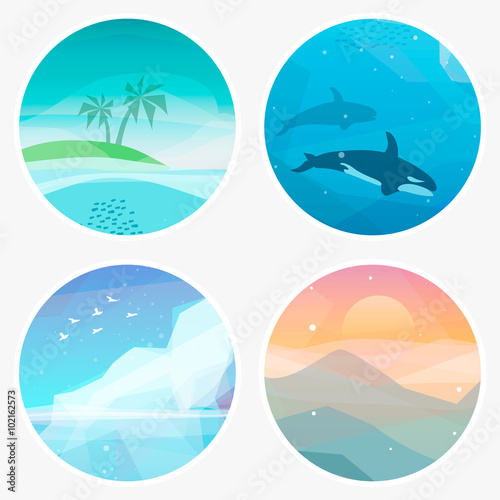 4 Landscape vector illustrations in low poly geometric style. Icons of tropical island  underwater fauna  iceberg  mountains at sunset. Nature eco illustration