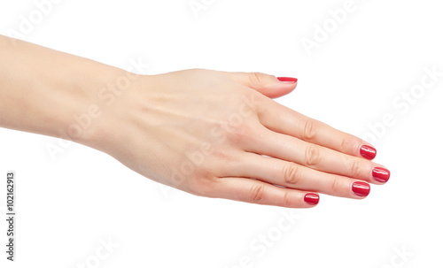 Female hand stretches to say hello.