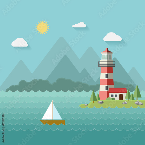 Lighthouse on beach, island, mountains background, yacht or ship