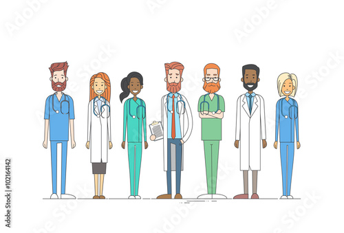 Group Medial Doctors Team Work Thin Line Vector Illustration
