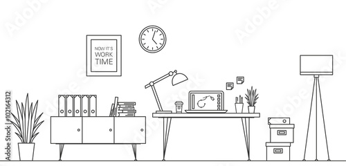 Thin Line Work Space Vector Illustration with Table, Laptop, etc