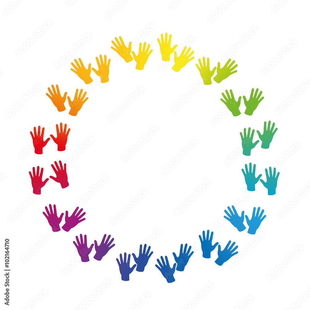 Obraz premium HANDS - rainbow colored circle frame. Isolated vector illustration on white background.
