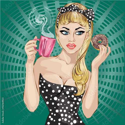 Pop Art woman portrait with morning cup of tea and donut