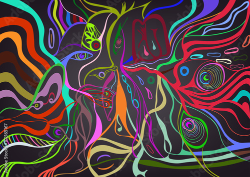 Colorful vivid vector of a young woman face in abstract style, psychedelic surreal poster.