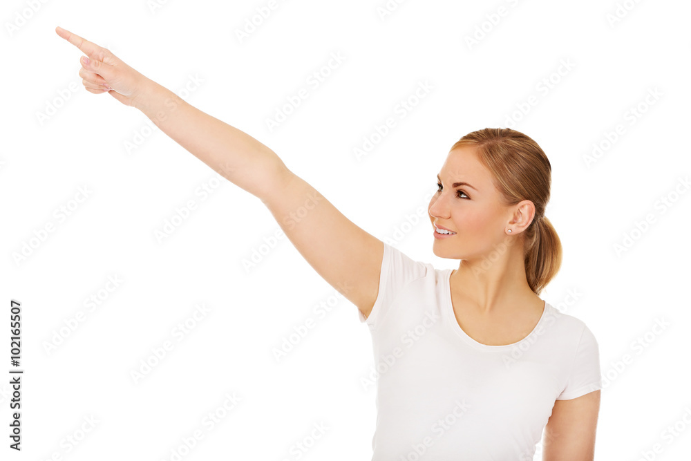 Student woman showing copyspace or something Student woman showing copyspace or something