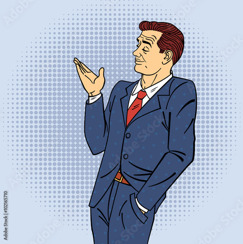 Advertising Man in Pop Art Style Pointing Hand on your Product