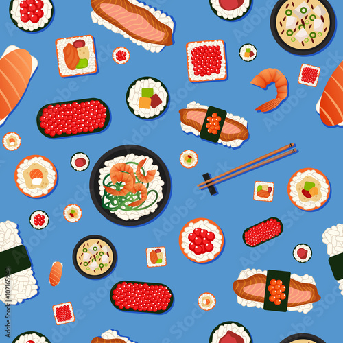 Japanese Food Seamless Pattern. Sushi with Different Rolls, Soup