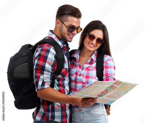A pair of happy tourists si...