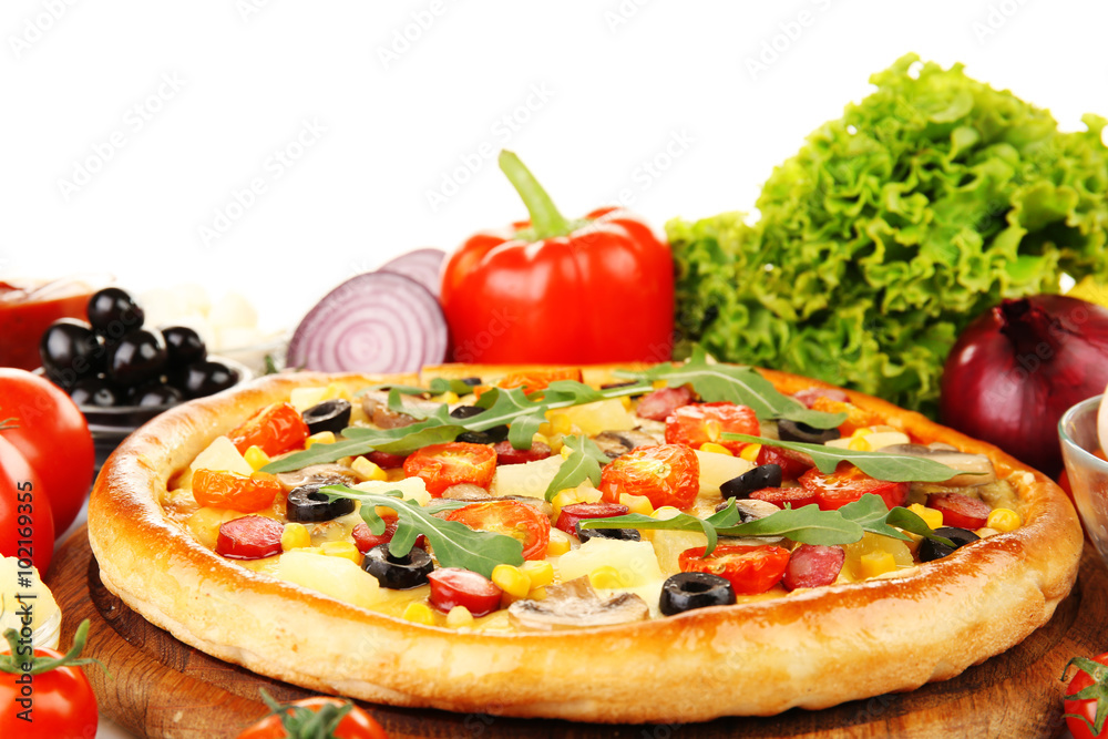 Delicious pizza with vegetables, close-up Delicious pizza with vegetables, close-up