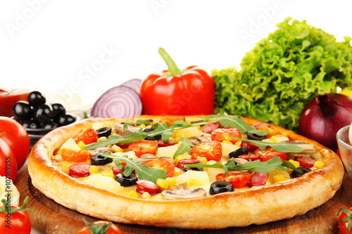 Delicious pizza with vegetables, close-up