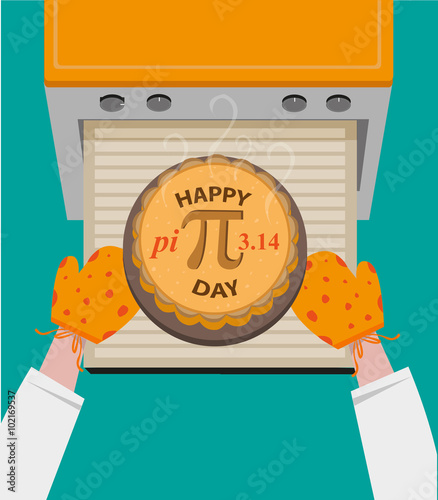 Happy Pi Day concept observed every March 14. Baked Pie with Pi Symbol taken out from oven. Editable Clip art.