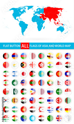 Round Flat Button Flags Of Asia Complete Set and World Map