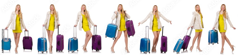 Woman preparing for vacation with suitcase on white Woman preparing for vacation with suitcase on white