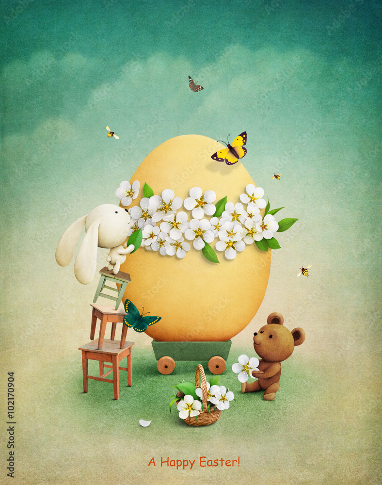 Fototapeta premium Greeting card or illustration with teddy bear and bunny decorating easter egg flowers