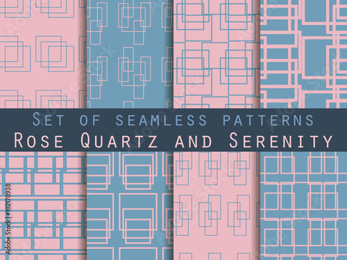 Set seamless patterns with lines and squares. Rose quartz and serenity violet colors. The pattern for wallpaper, bed linen, tiles, fabrics, backgrounds. Vector illustration.