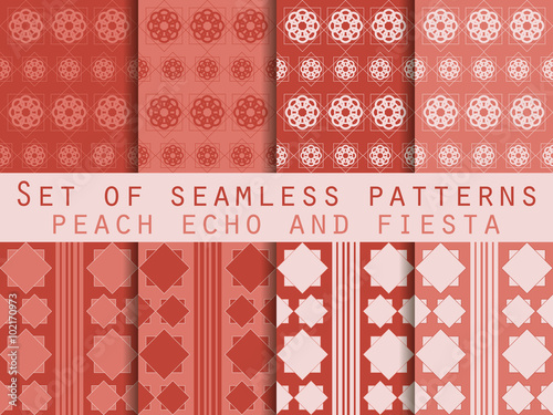 Set of seamless patterns. Geometric patterns. Peach echo and fiesta color. Color trend in 2016. The pattern for wallpaper, tiles, fabrics and designs. Vector illustration.