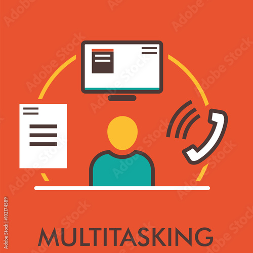 Multitasking. Monitor. Computer. Phone. Paper. Line icon with flat design elements. Flat icon. Flat Design. Icon concept.