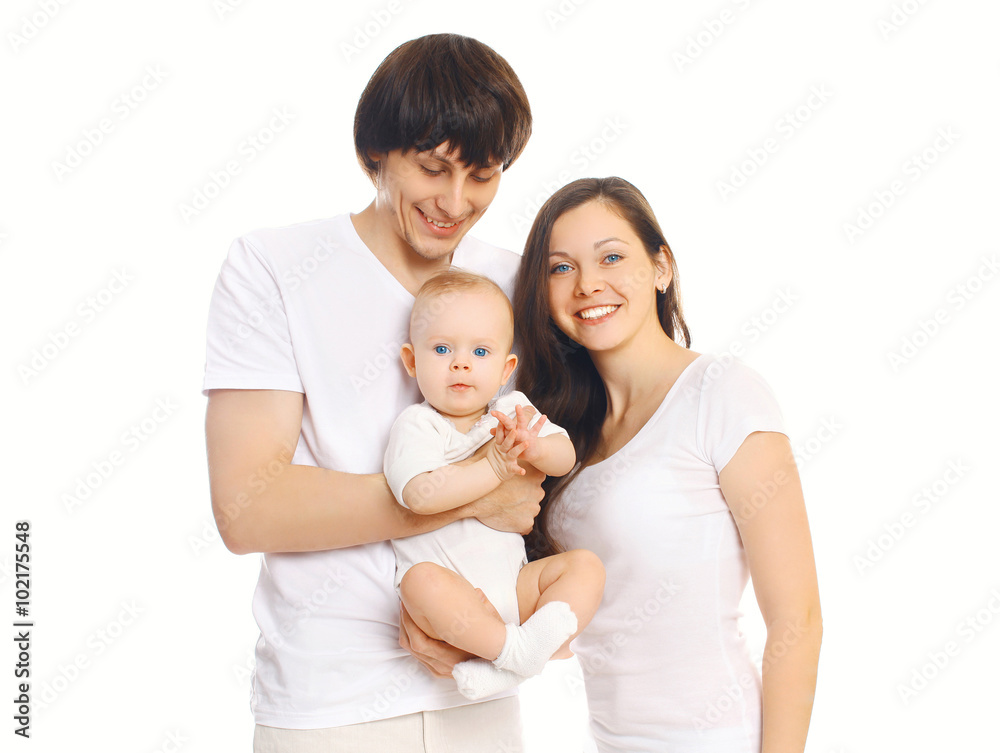 Happy young family together, mother and father with baby on whit Happy young family together, mother and father with baby on whit
