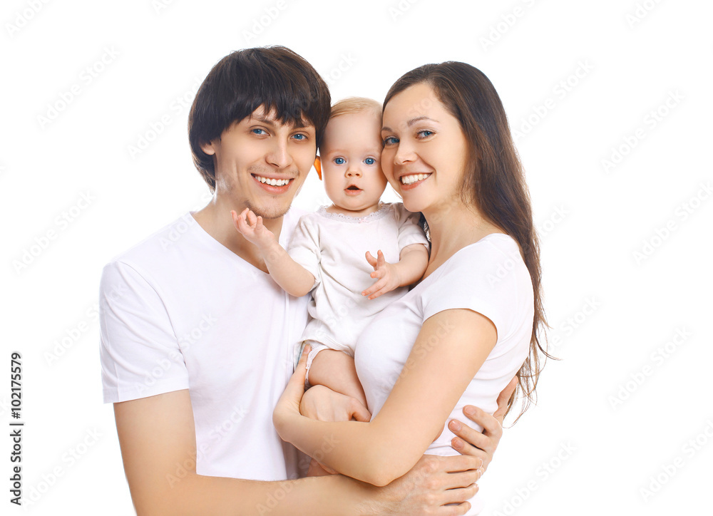 Portrait happy smiling family, mother and father with baby on wh Portrait happy smiling family, mother and father with baby on wh