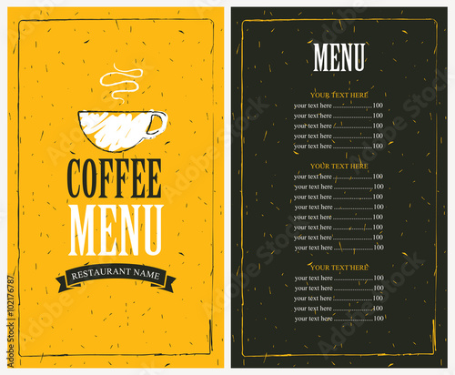 menu for a cafe with price list and a cup of coffee