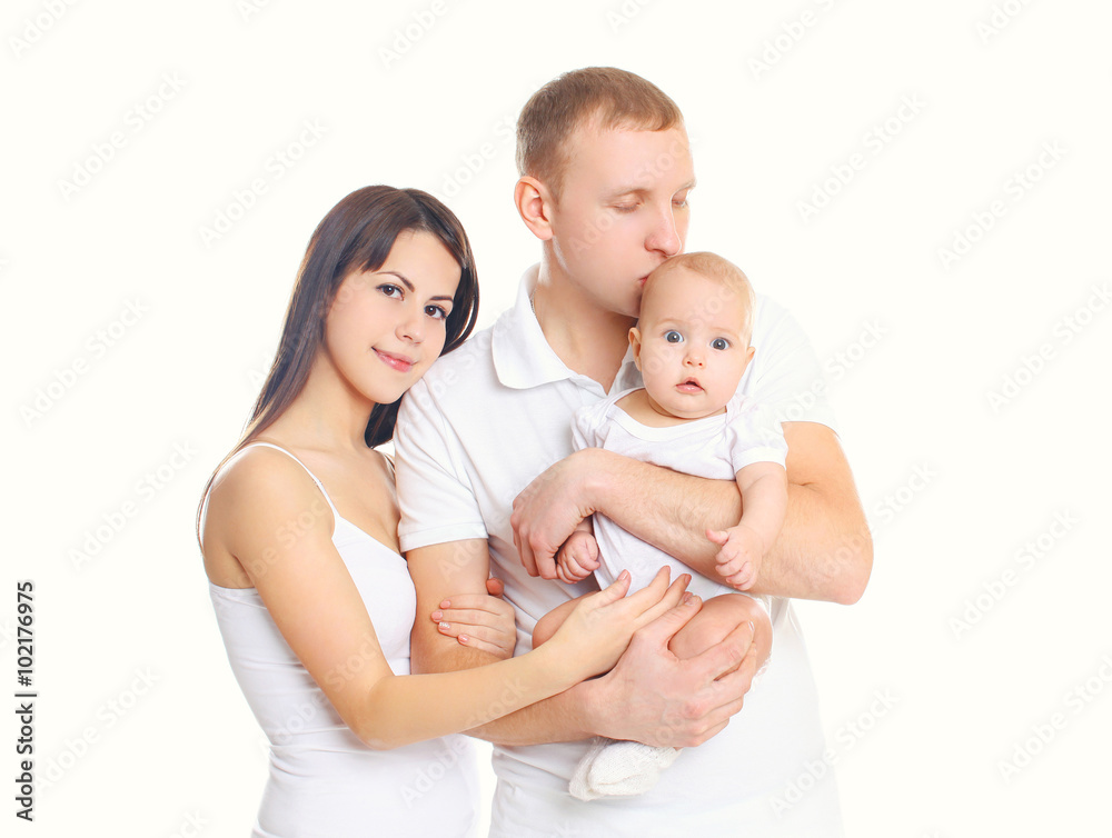 Happy young family, mother and father with little baby on a whit Happy young family, mother and father with little baby on a whit