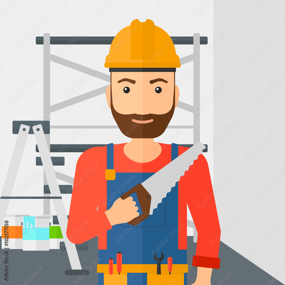 Smiling worker with saw. Smiling worker with saw.