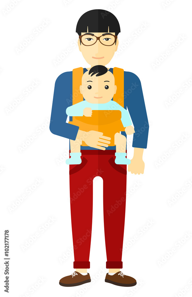 Man holding baby in sling.