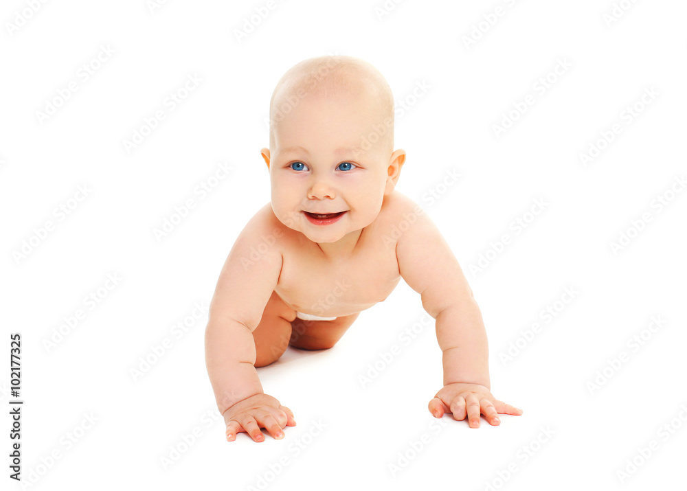 Cute smiling baby crawls on a white background Cute smiling baby crawls on a white background