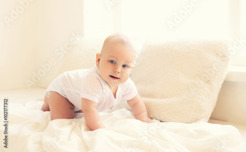 Cute baby crawls at home in white room near window