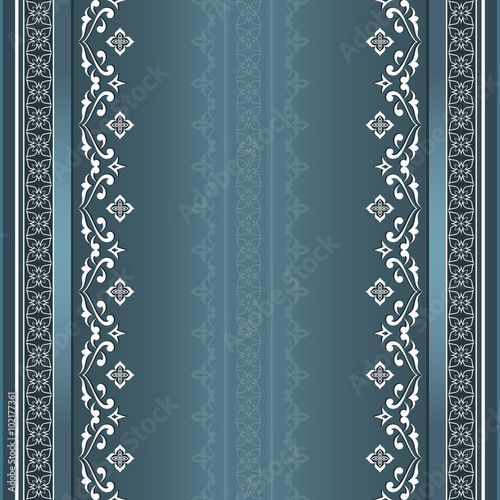 Filigree seamless white border on aquamarine background.