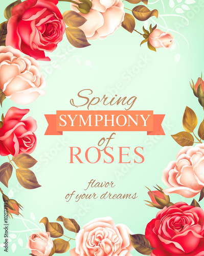 Romantic background with rose border. Vector illustration.