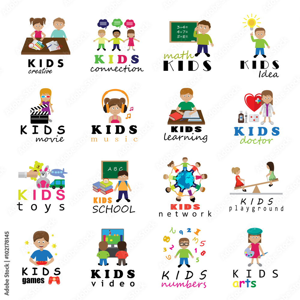 Fototapeta premium Children Icons Set - Vector Illustration, Graphic Design. Collection Of Color Icons, For Web, Websites, Print, Presentation Templates, Mobile Applications And Promotional Materials
