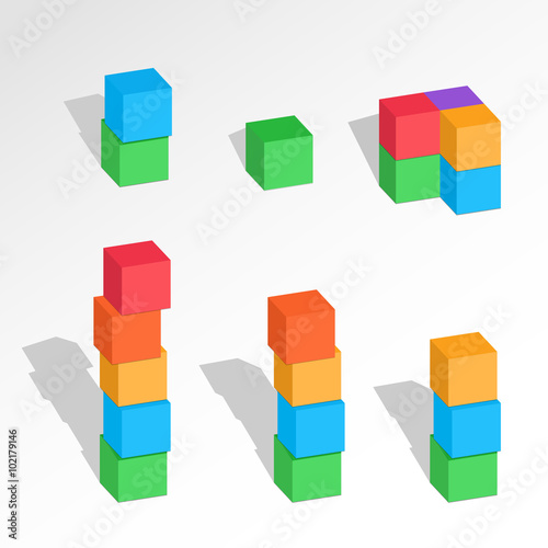 Set of cube combinations. Three, Four, five, six blocks compositions. Association, union, join, building, logo, project, game symbol. Colorful icons with shadow. Vector