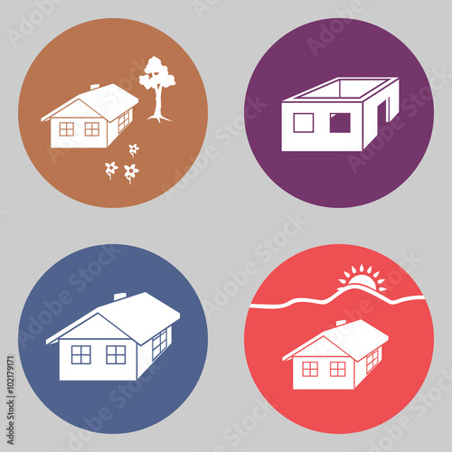 House icon set. Finished, unfinished building, tree, flowers. Complete, incomplete symbol. White signs on orange, blue, lilac, pink colored flat button. Vector