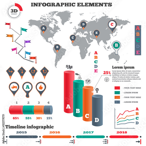 Infographics elements set. Cylinder solid. Three-dimensional columns chart of data, world map, timeline diagram with icons and shadow. Four business step options. Vector 