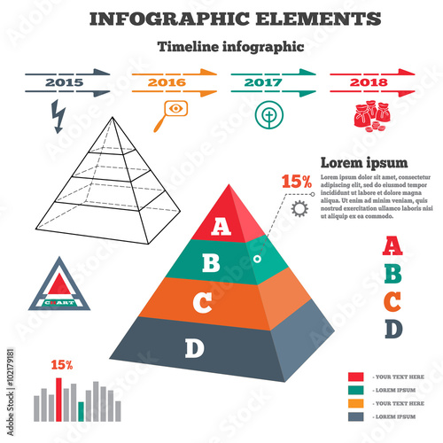 Infographics elements. Pyramid solid chart. 3D perspective pyramid views, timeline with icons. Four options. Vector illustration. 