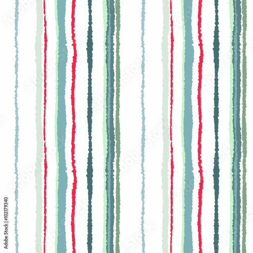 Seamless strip pattern. Vertical lines with torn paper effect. Shred edge background. Cold, soft, gray, green, red, white colors. Winter theme. Vector