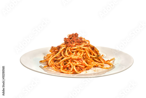 Italian pasta with tomato sauce on white background