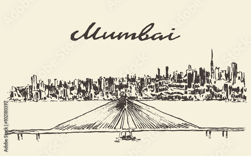 Mumbai skyline vector illustration drawn sketch