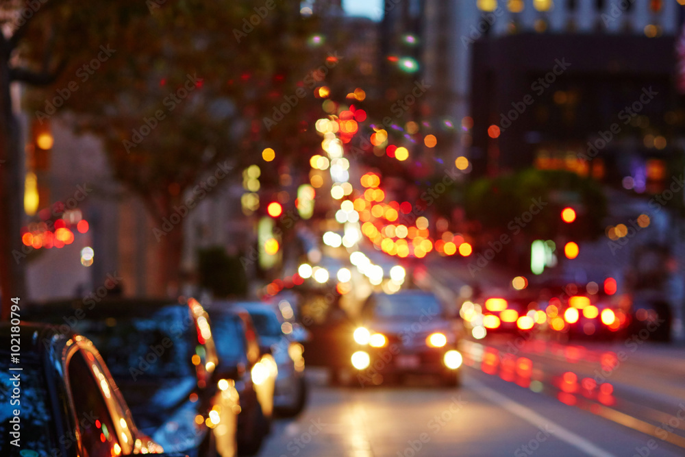 Blurred defocused car lights in San Francisco, California, USA