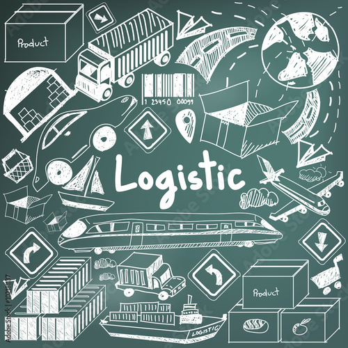 Logistic transportation inventory management doodle icon cargo object sign and symbol in blackboard background for business presentation title or education with header (vector)