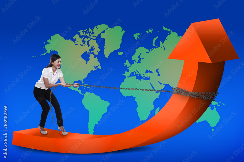 Business woman pulling arrow with chain Business woman pulling arrow with chain