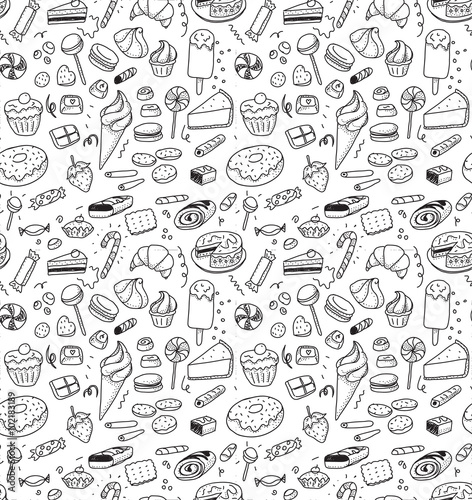Hand drawn sweets and candies pattern. Vector doodles. Isolated food on white background. Seamless texture.