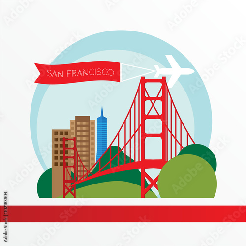 Golden Gate bridge - The symbol of US, San Francisco.. Vintage stamp with red ribbon
