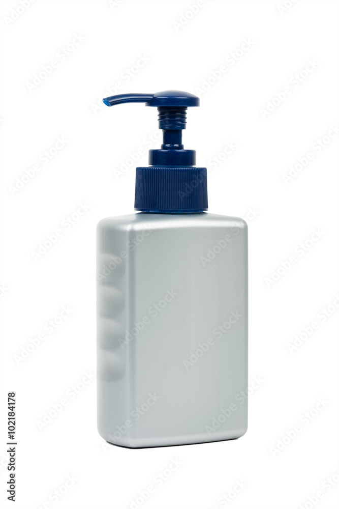 Gray cleanser or lotion bottle with pump on white background Gray cleanser or lotion bottle with pump on white background